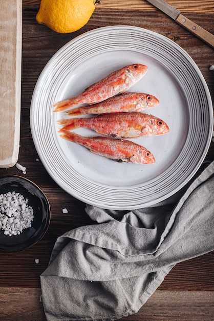 A bunch of delicious fresh raw red mullet fishes