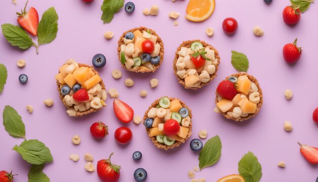 a bunch of desserts with fruit and berries on them