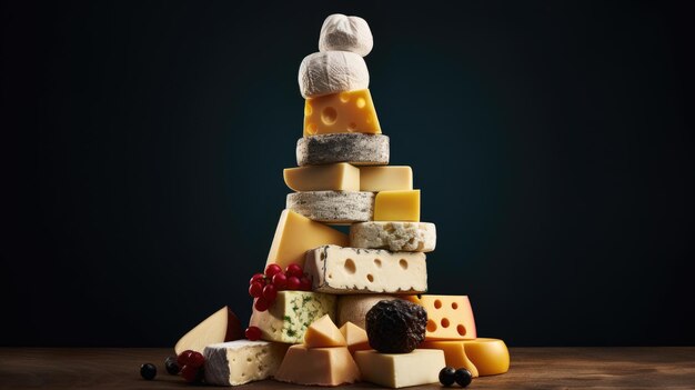 Photo bunch of different cheeses lying on top of each other on a dark background