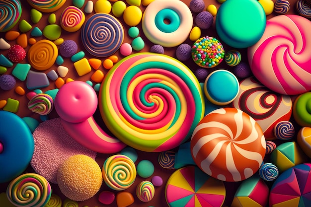 Bunch of different colored candies and lollipops Generative AI