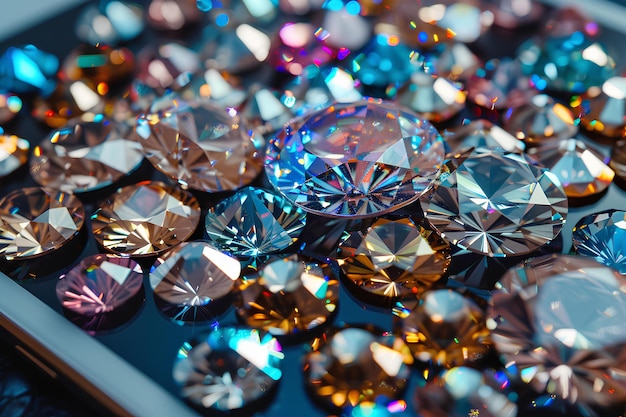 A bunch of different colored diamonds on a table top with a black background and a white border