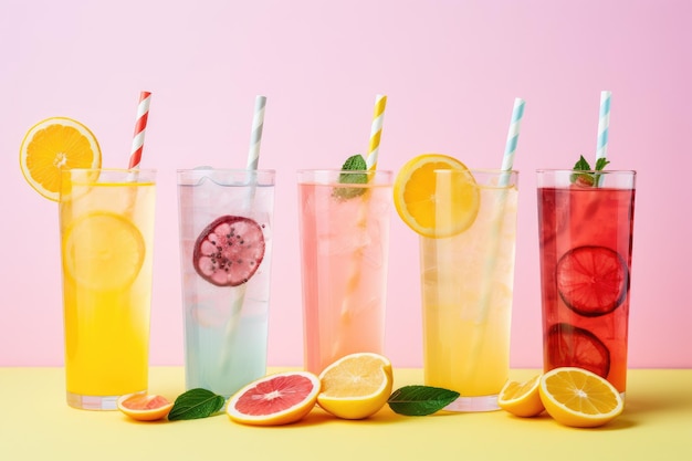 a bunch of different colored glasses with a straw and a straw in the middle.