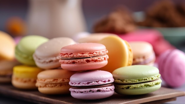 A bunch of different colored macarons are on a table.