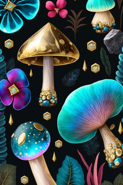 Bunch of different colored mushrooms on a black background generative ai