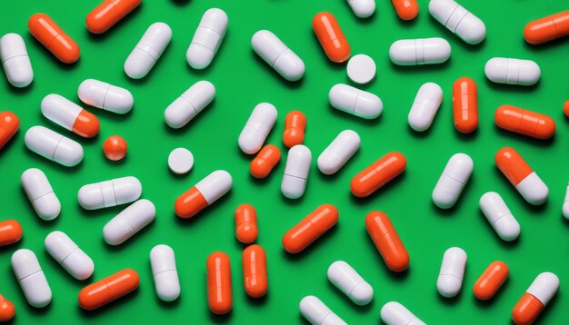 A bunch of different colored pills on a green background