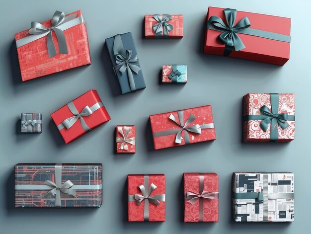 a bunch of different colored presents with bows and ribbons on them on a gray surface