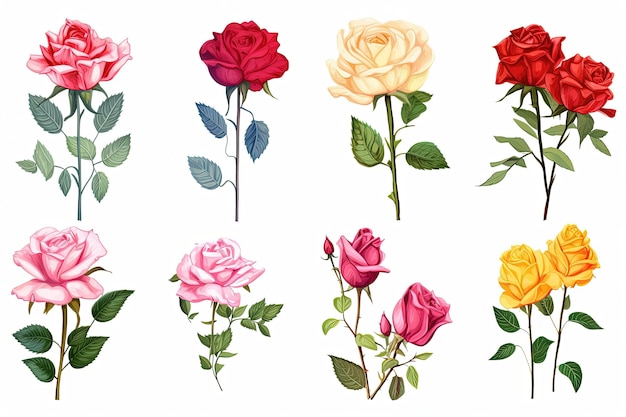 Photo a bunch of different colored roses on a white background