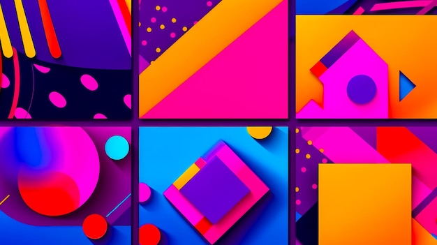 Bunch of different colored shapes on purple and pink background with circles and dots generative ai