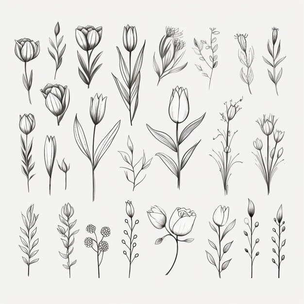 黒と白の生成 AI で描かれたさまざまな花の束