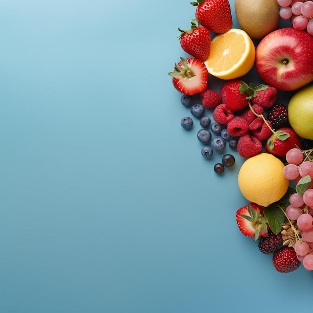 A bunch of different fruits on a blue background