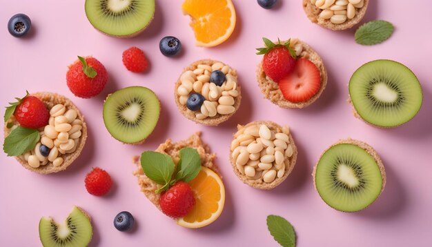 a bunch of different fruits including oatmeal almonds and kiwi