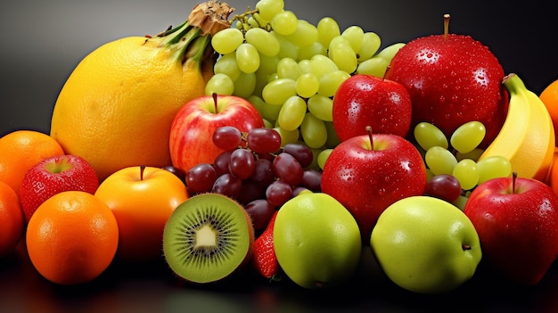 A bunch of different fruits including one that has a kiwi on it