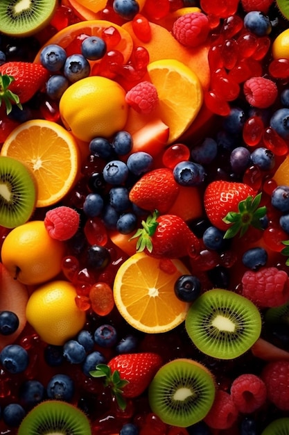 A bunch of different fruits including strawberries, raspberries, and oranges.