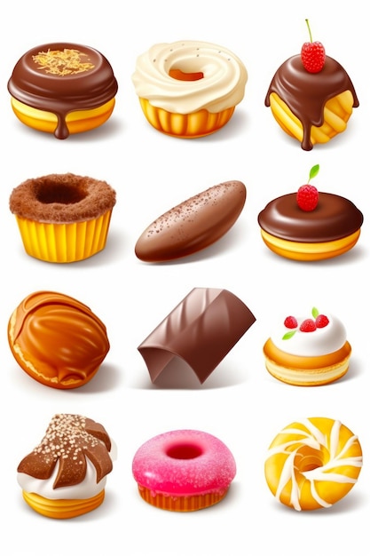 Bunch of different types of doughnuts on white background with chocolate raspberry and vanilla Generative AI