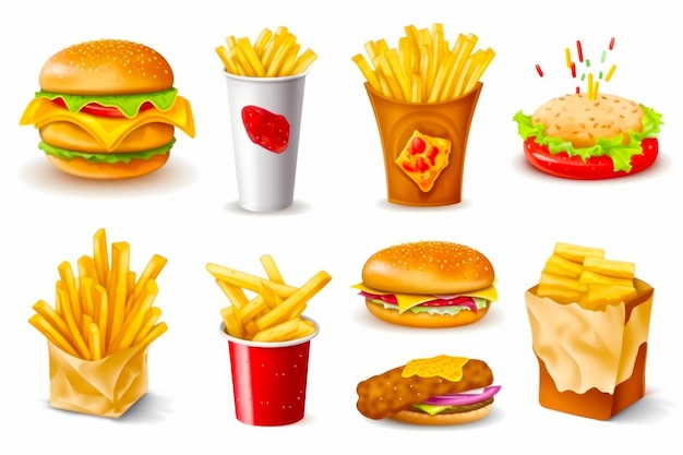 bunch of different types of food on white background including fries burgers fries and ketchup generative ai