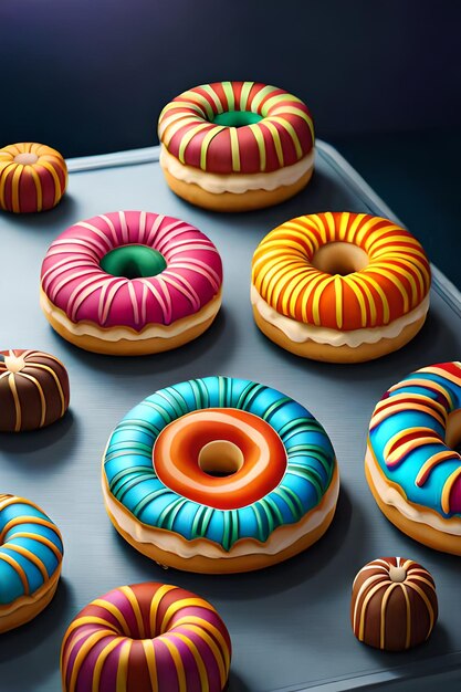 A bunch of donuts with different colored icing on them