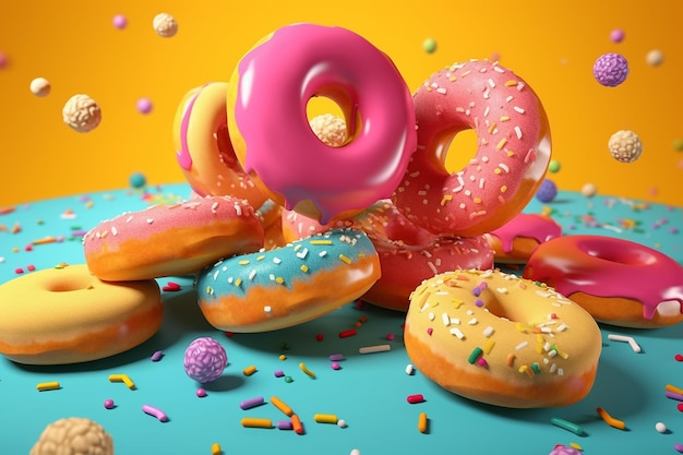A bunch of donuts with different colored sprinkles on a blue background