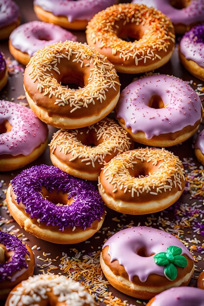 a bunch of doughnuts with purple icing and purple sprinkles