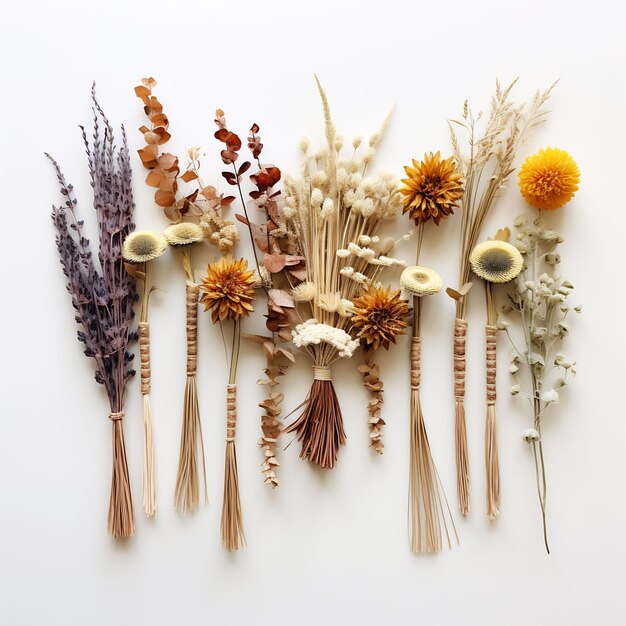 a bunch of dried flowers are on a white background