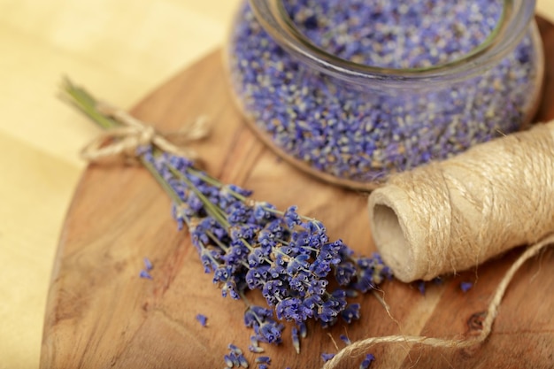 Bunch of dried lavender tied with rope close up