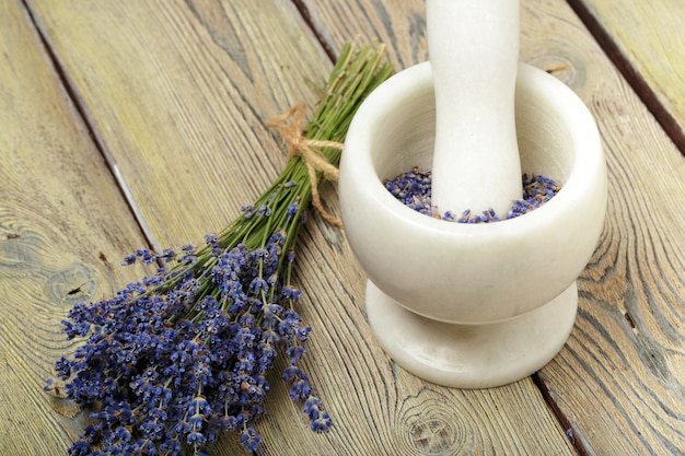 Bunch of dried lavender tied with rope close up