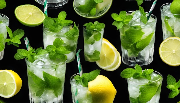 Photo a bunch of drinks with limes and limes on them