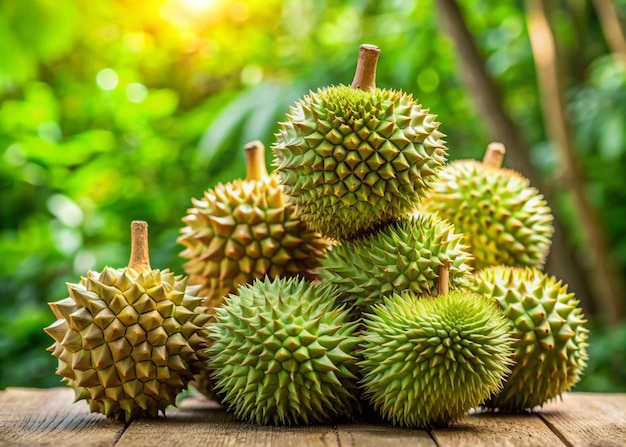 Photo a bunch of durians are on a wooden table