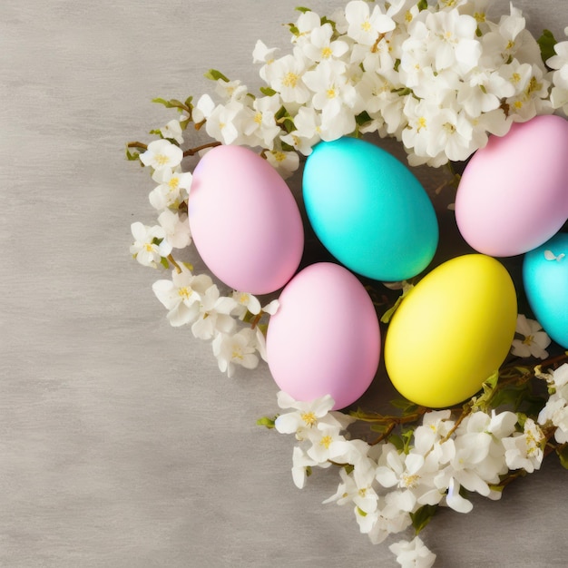 A bunch of easter eggs are arranged in a circle on a gray background.