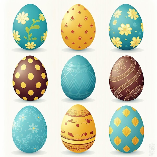 A bunch of easter eggs with different designs including a flower and a yellow flower.