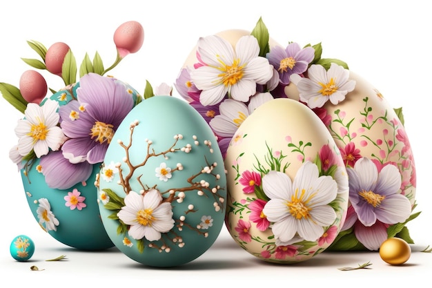 Bunch of Easter eggs with flowers on white festive background for decorative design