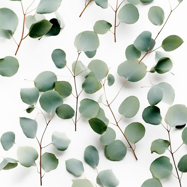 A bunch of eucalyptus leaves on a white background