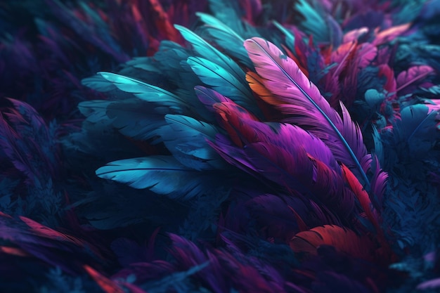 A bunch of feathers that are purple and blue