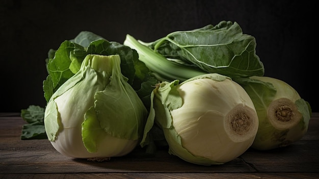 A bunch of fennel on a wooden surface