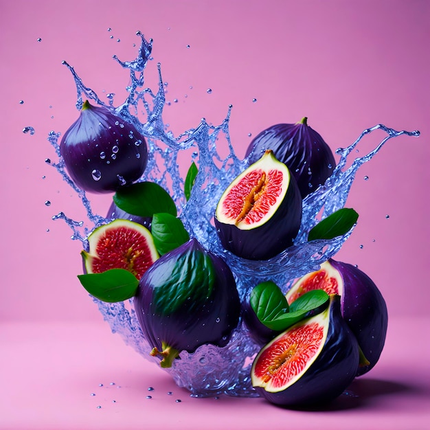 A bunch of figs are being dropped into a water splash.