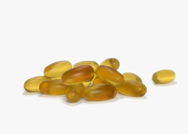 A bunch of fish oil capsules on a white background