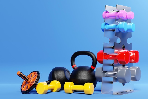 Bunch of fitness training weights on blue background Colorful dumbbells on shelf kettlebell gymnastic roller