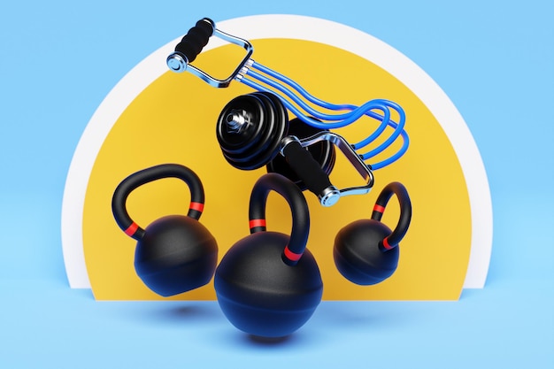 Bunch of fitness training weights on colorful background Dumbbells kettlebell fitness rubber 3D illustration