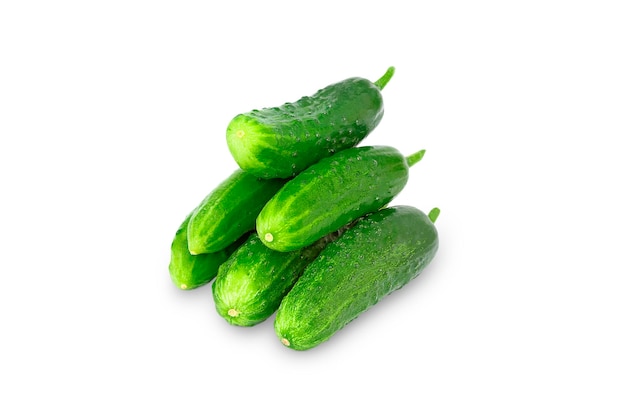 A bunch of five cucumbers on a white background