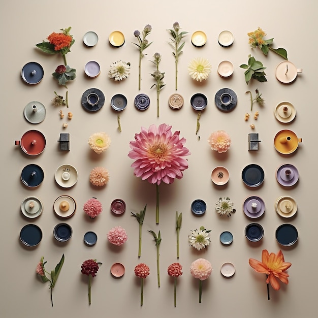 A bunch of flowers are arranged on a wall