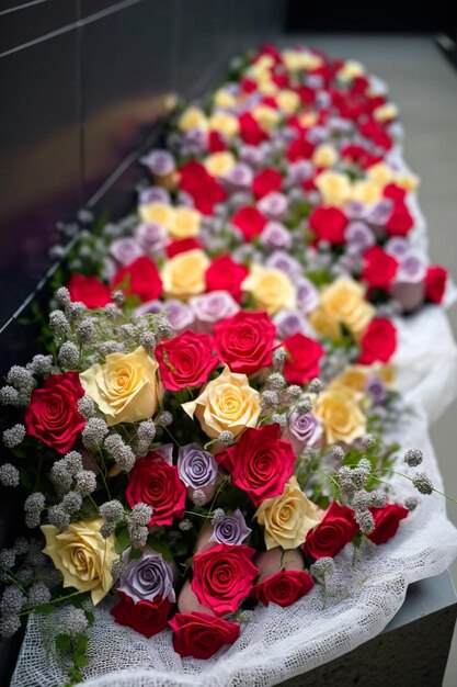 A bunch of flowers are on display in a store.