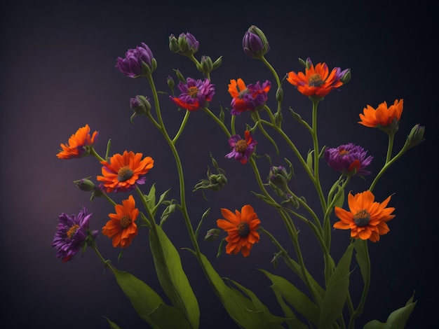 A bunch of flowers are in front of a dark background.