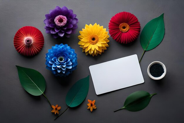 A bunch of flowers are on a table with a white card and a white card.