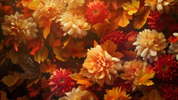 Photo bunch of flowers and autumn leaves fall floral closeup