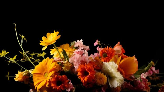 A bunch of flowers on a black background