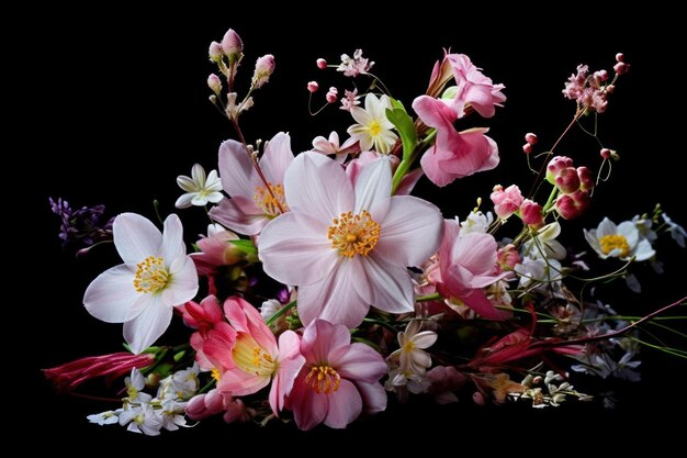 A bunch of flowers on a black background