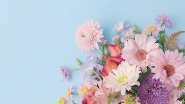 A bunch of flowers on a blue background