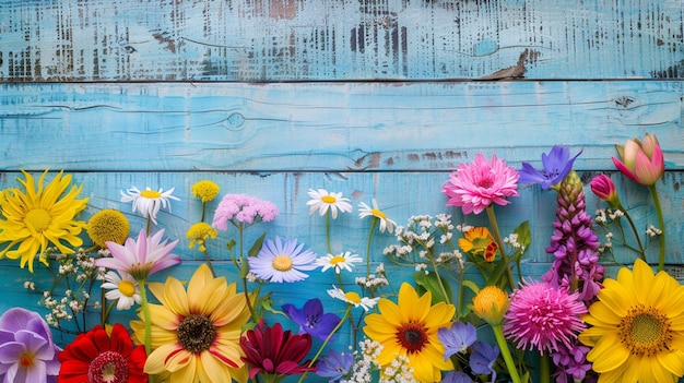 Photo a bunch of flowers in a blue vase generative ai