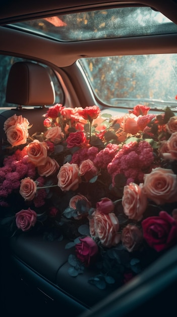 窓に太陽が当たる車の中で花束