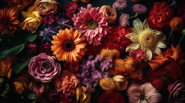 A bunch of flowers on a dark background