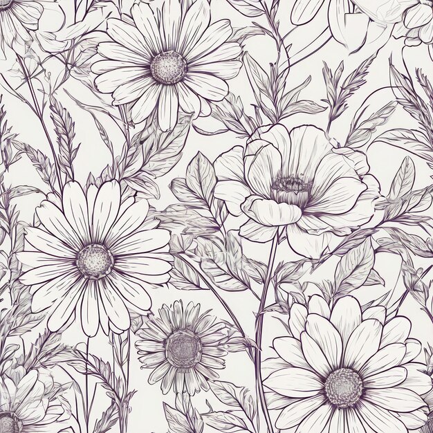 Bunch of Flowers Drawing on White Background Generative AI